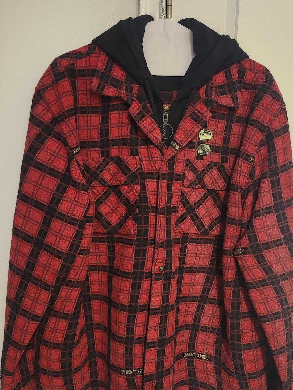 Off-White Red and Black Plaid Pencil Neon Long Torso Flannel Hoody